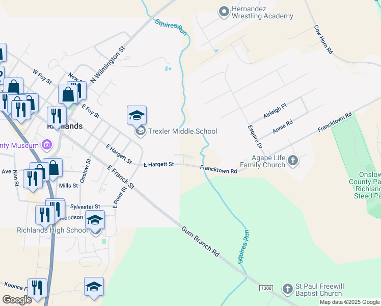 map of restaurants, bars, coffee shops, grocery stores, and more near 309 Winstead Loop Road in Richlands