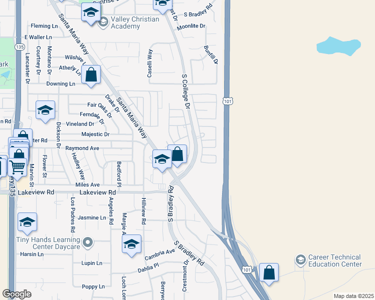 map of restaurants, bars, coffee shops, grocery stores, and more near 3455 Greenacre Drive in Santa Maria