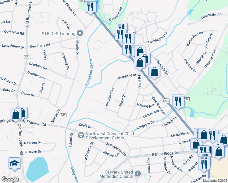 map of restaurants, bars, coffee shops, grocery stores, and more near 120 Woodland Drive in Greenville