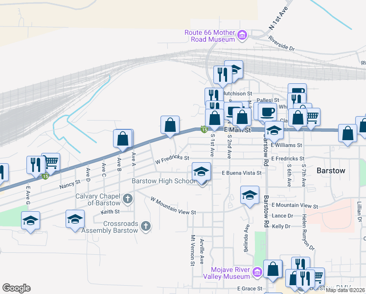 map of restaurants, bars, coffee shops, grocery stores, and more near 210 West Williams Street in Barstow