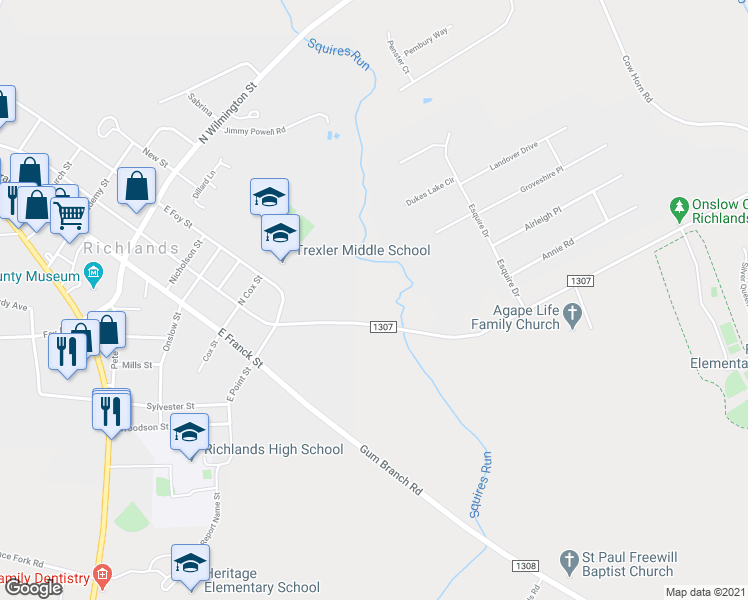 map of restaurants, bars, coffee shops, grocery stores, and more near 255 Winstead Street in Richlands