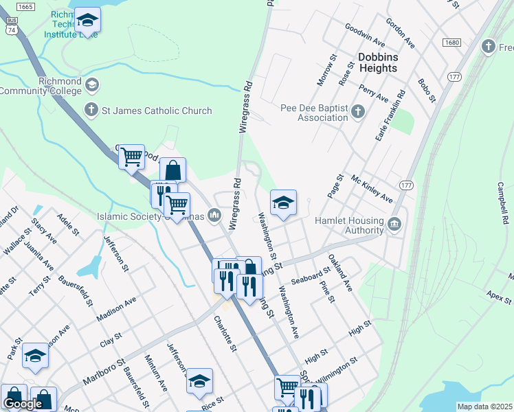 map of restaurants, bars, coffee shops, grocery stores, and more near 805 Washington Street in Hamlet