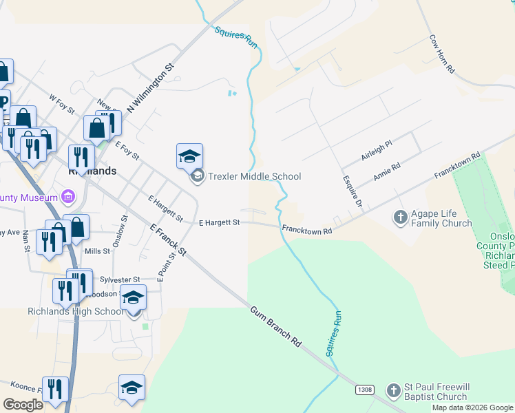 map of restaurants, bars, coffee shops, grocery stores, and more near 255 Winstead Street in Richlands