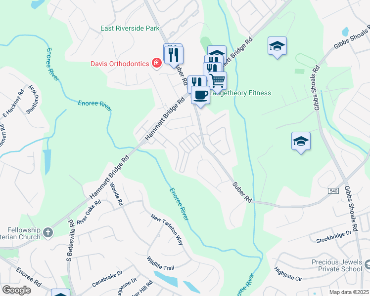 map of restaurants, bars, coffee shops, grocery stores, and more near 109 Riverside Towne Circle in Greer