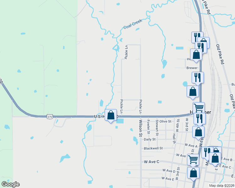 map of restaurants, bars, coffee shops, grocery stores, and more near 15 Pickle Lane in Heavener