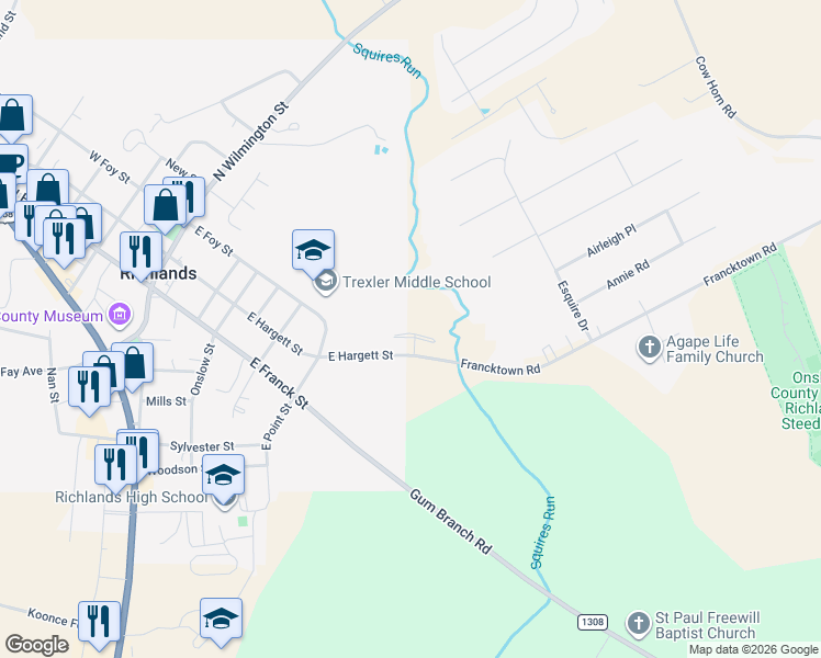 map of restaurants, bars, coffee shops, grocery stores, and more near 255 Winstead Street in Richlands