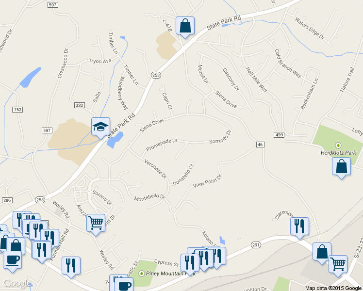 map of restaurants, bars, coffee shops, grocery stores, and more near 2 Portofino Court in Greenville