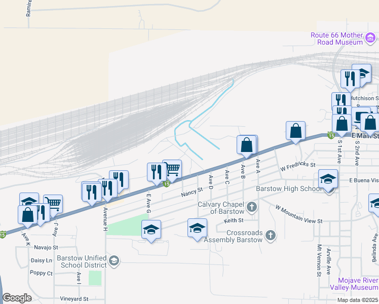 map of restaurants, bars, coffee shops, grocery stores, and more near 208 Bradshaw Drive in Barstow