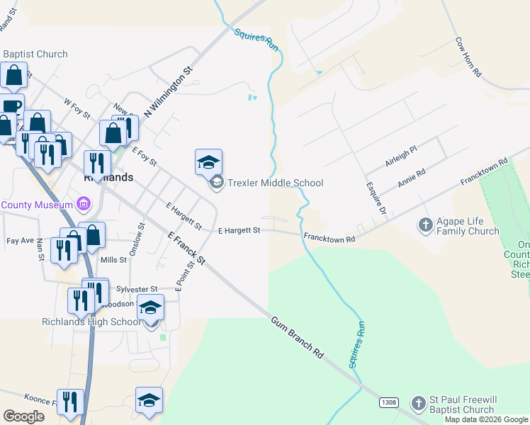 map of restaurants, bars, coffee shops, grocery stores, and more near 255 Winstead Street in Richlands