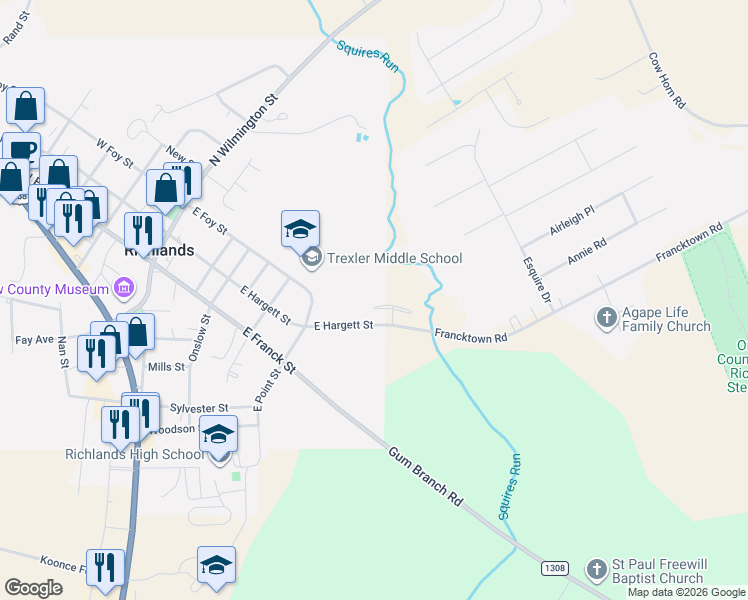 map of restaurants, bars, coffee shops, grocery stores, and more near 508 East Hargett Street in Richlands
