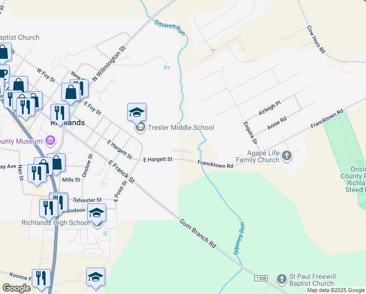 map of restaurants, bars, coffee shops, grocery stores, and more near 255 Winstead Street in Richlands