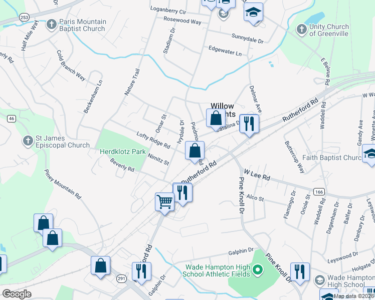 map of restaurants, bars, coffee shops, grocery stores, and more near 226 Lofty Ridge Road in Greenville