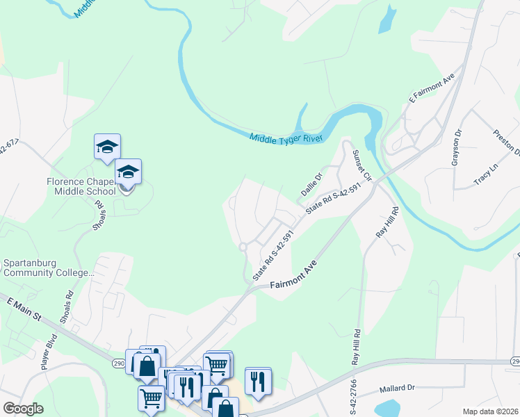 map of restaurants, bars, coffee shops, grocery stores, and more near 628 Munchberry Way in Spartanburg