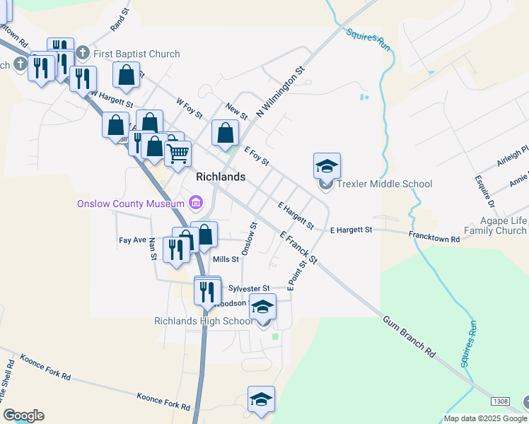 map of restaurants, bars, coffee shops, grocery stores, and more near 106 Onslow Street in Richlands