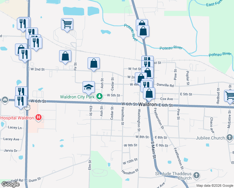 map of restaurants, bars, coffee shops, grocery stores, and more near 378 West 5th Street in Waldron