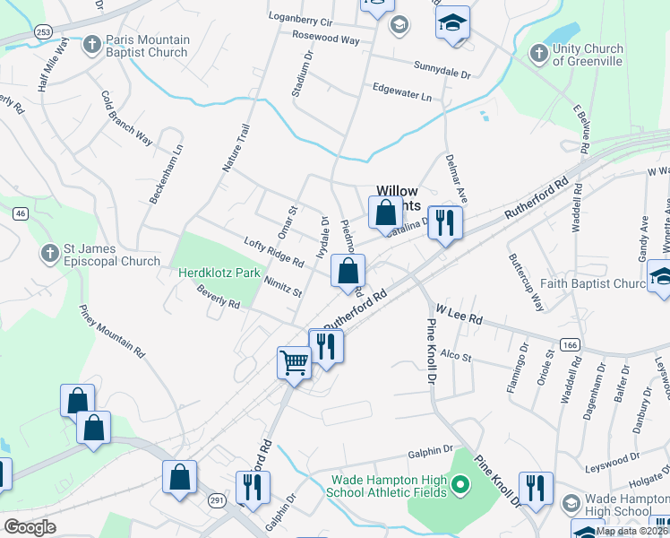 map of restaurants, bars, coffee shops, grocery stores, and more near 226 Lofty Ridge Road in Greenville