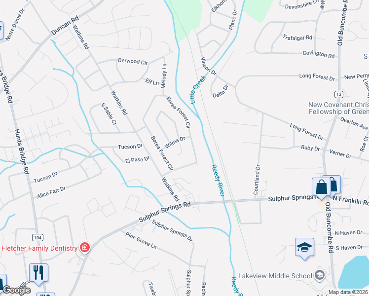 map of restaurants, bars, coffee shops, grocery stores, and more near 5 Riverwood Court in Greenville