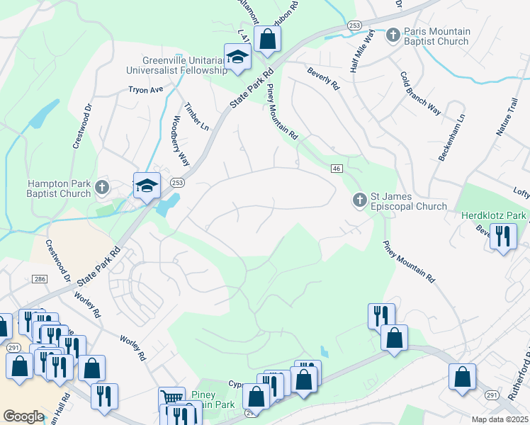 map of restaurants, bars, coffee shops, grocery stores, and more near 2 Portofino Court in Greenville