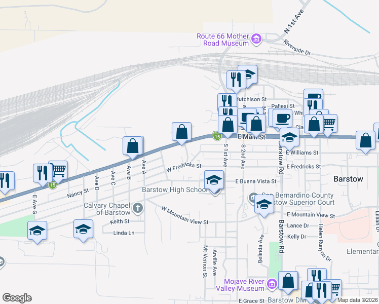 map of restaurants, bars, coffee shops, grocery stores, and more near 119 Otis Avenue in Barstow