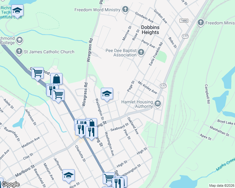 map of restaurants, bars, coffee shops, grocery stores, and more near 127 Green Street in Hamlet