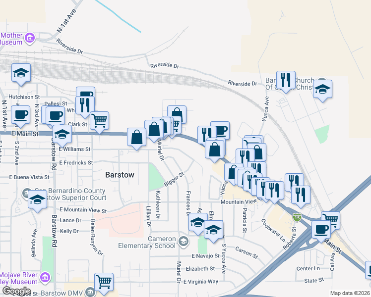 map of restaurants, bars, coffee shops, grocery stores, and more near 1029 East Williams Street in Barstow