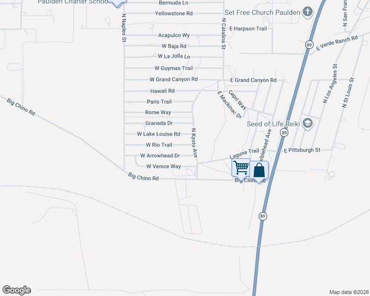 map of restaurants, bars, coffee shops, grocery stores, and more near 245 West Rio Trail in Paulden