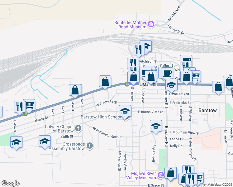 map of restaurants, bars, coffee shops, grocery stores, and more near 133 West Williams Street in Barstow