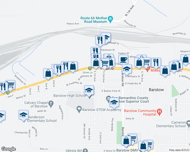map of restaurants, bars, coffee shops, grocery stores, and more near S 1st Ave & W Williams St in Barstow