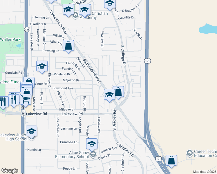 map of restaurants, bars, coffee shops, grocery stores, and more near 3350 Santa Maria Way in Santa Maria