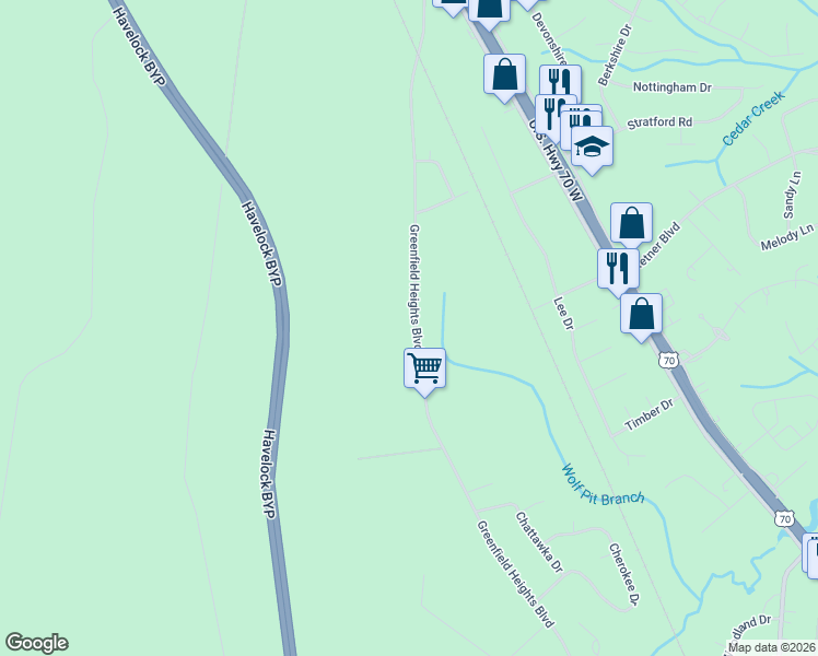 map of restaurants, bars, coffee shops, grocery stores, and more near 601-605 Greenfield Heights Blvd in Havelock