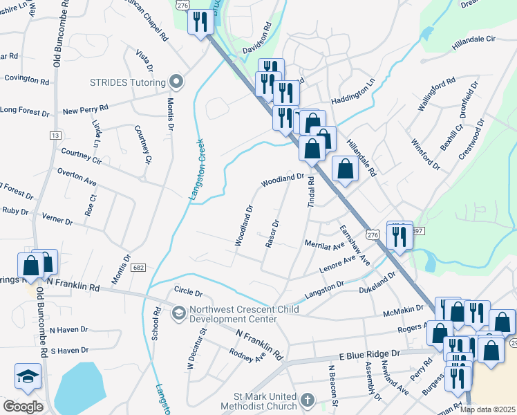 map of restaurants, bars, coffee shops, grocery stores, and more near 120 Woodland Drive in Greenville