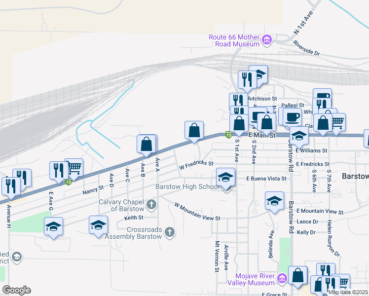 map of restaurants, bars, coffee shops, grocery stores, and more near 540 Main Street in Barstow