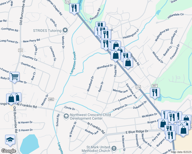 map of restaurants, bars, coffee shops, grocery stores, and more near 120 Woodland Drive in Greenville