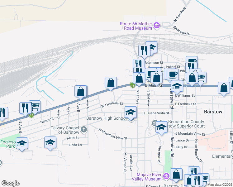 map of restaurants, bars, coffee shops, grocery stores, and more near 117 Otis Avenue in Barstow