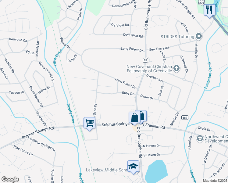map of restaurants, bars, coffee shops, grocery stores, and more near 106 Ruby Drive in Greenville
