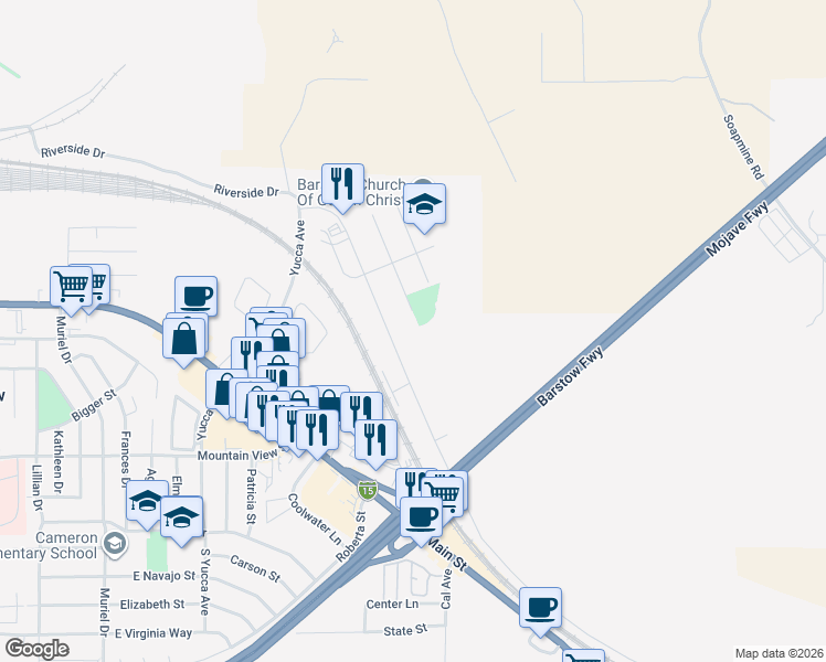map of restaurants, bars, coffee shops, grocery stores, and more near Mesa Drive in Barstow