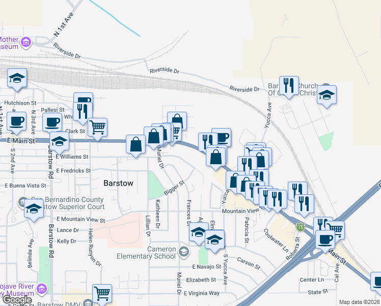 map of restaurants, bars, coffee shops, grocery stores, and more near 1100 East Main Street in Barstow