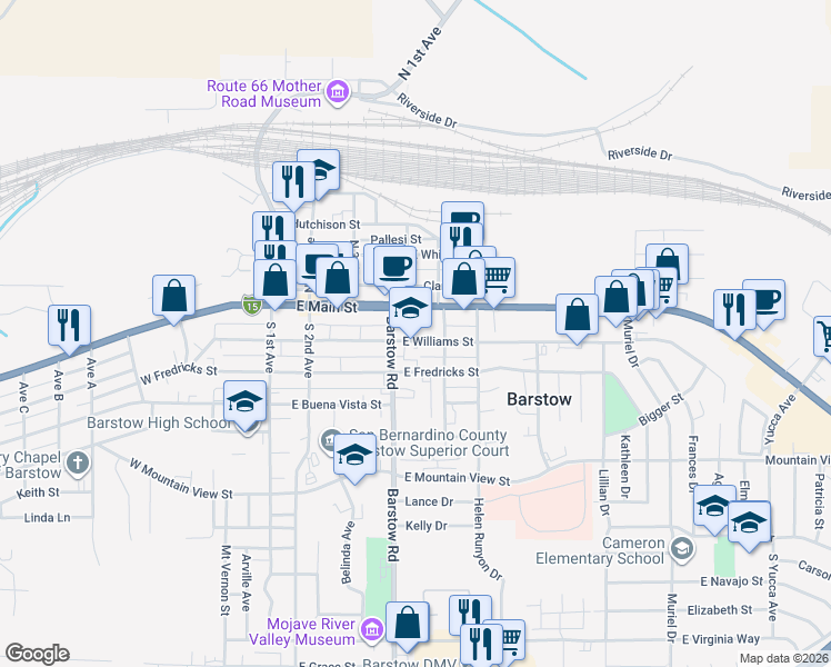 map of restaurants, bars, coffee shops, grocery stores, and more near 521 East Williams Street in Barstow