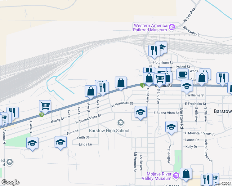 map of restaurants, bars, coffee shops, grocery stores, and more near 540 Main Street in Barstow