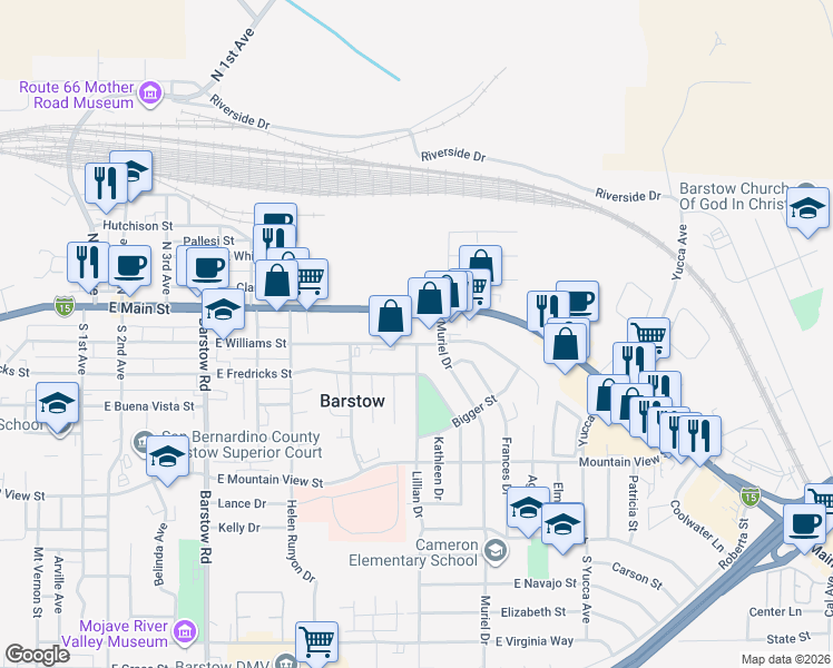 map of restaurants, bars, coffee shops, grocery stores, and more near 901 East Williams Street in Barstow