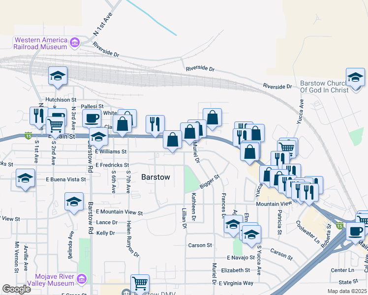 map of restaurants, bars, coffee shops, grocery stores, and more near 901 East Williams Street in Barstow