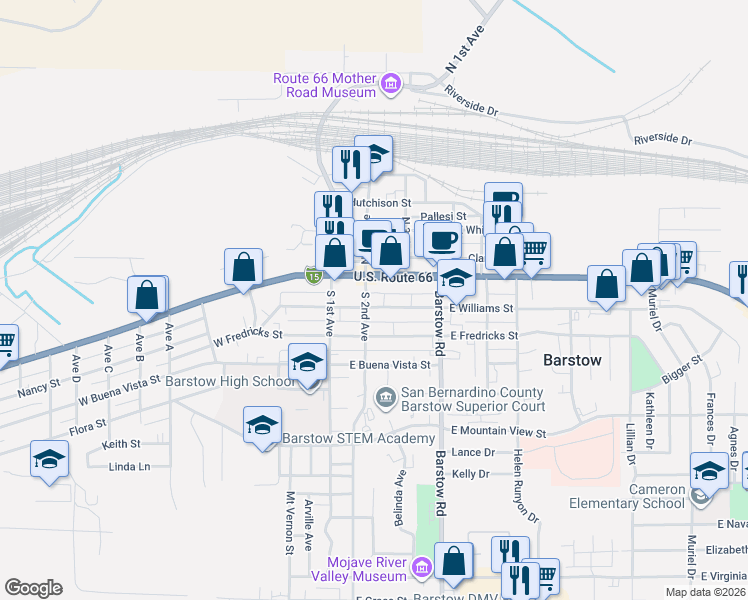 map of restaurants, bars, coffee shops, grocery stores, and more near 212 East Williams Street in Barstow