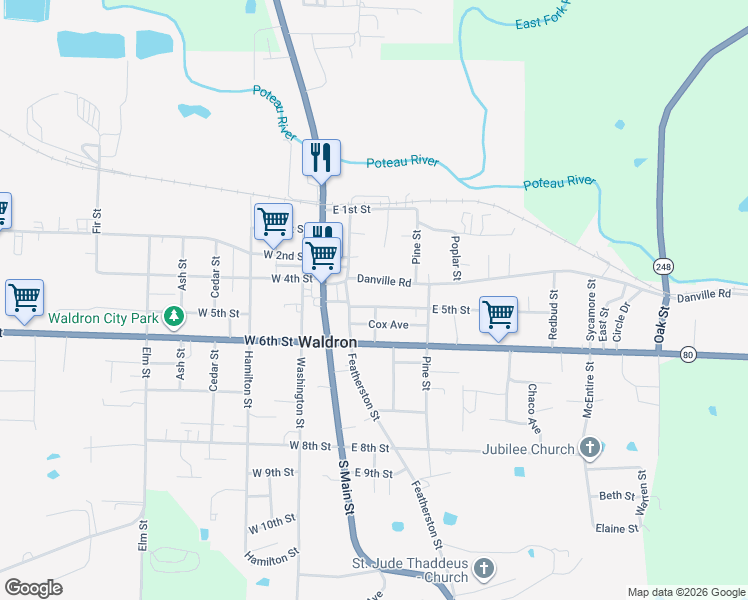 map of restaurants, bars, coffee shops, grocery stores, and more near 500-530 Sevier St in Waldron