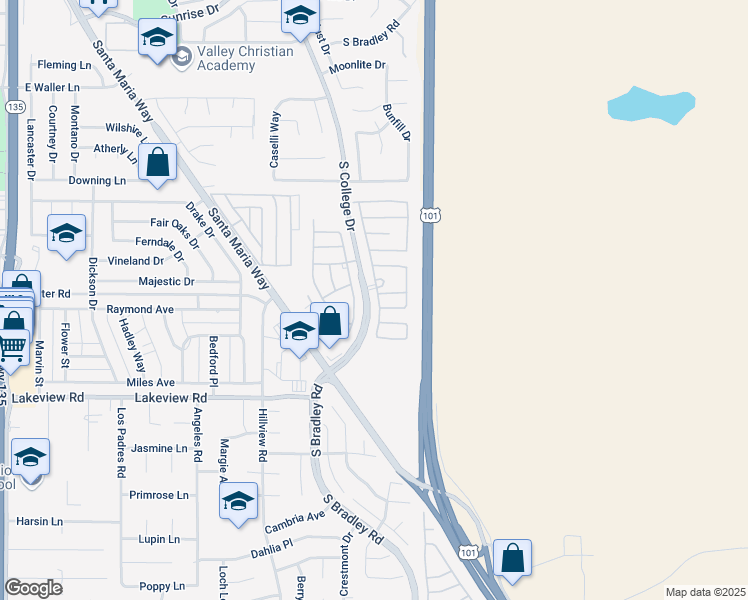 map of restaurants, bars, coffee shops, grocery stores, and more near 3417 Quail Meadows Drive in Santa Maria