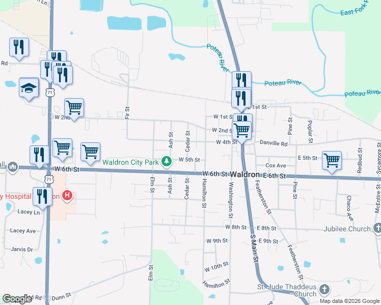 map of restaurants, bars, coffee shops, grocery stores, and more near 378 West 5th Street in Waldron