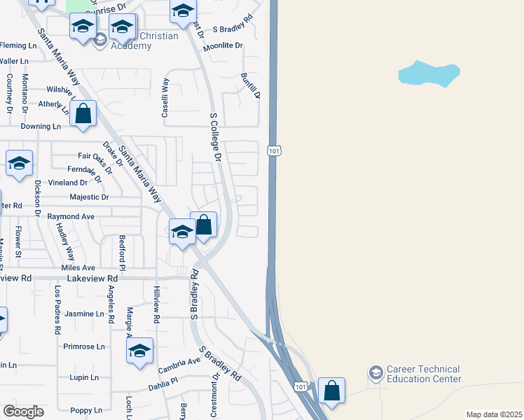 map of restaurants, bars, coffee shops, grocery stores, and more near 3420 Bent Tree Drive in Santa Maria