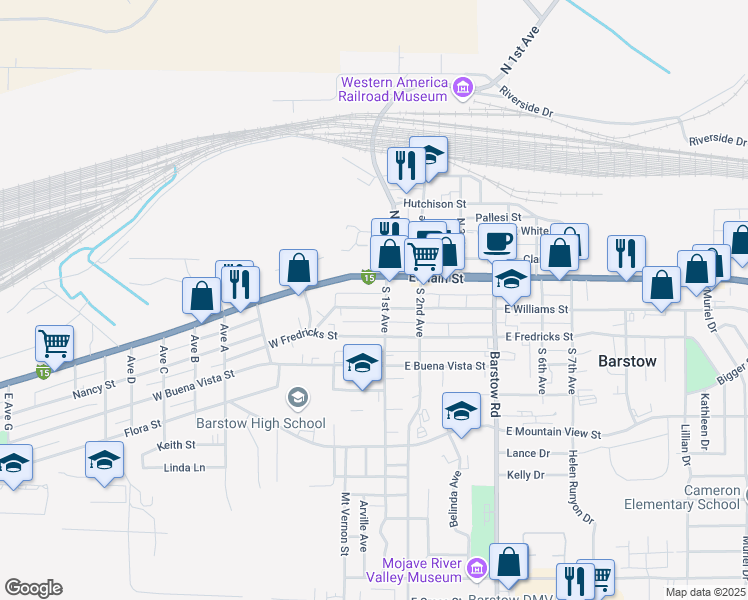 map of restaurants, bars, coffee shops, grocery stores, and more near 120 South 1st Avenue in Barstow