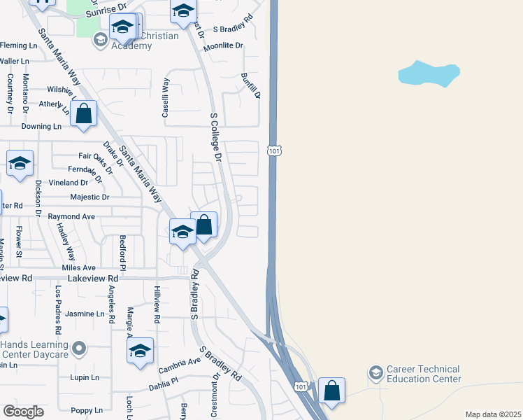 map of restaurants, bars, coffee shops, grocery stores, and more near 3420 Bent Tree Drive in Santa Maria
