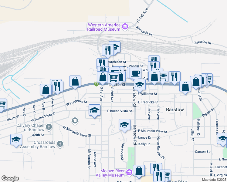 map of restaurants, bars, coffee shops, grocery stores, and more near 212 East Williams Street in Barstow