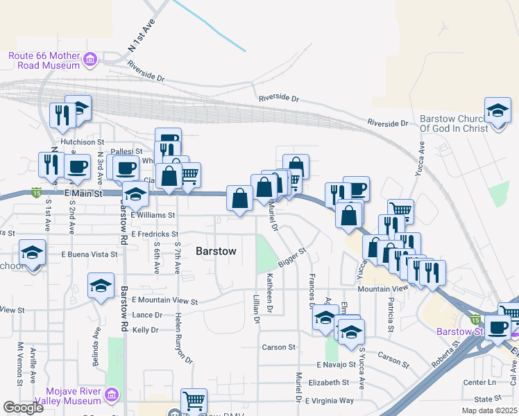 map of restaurants, bars, coffee shops, grocery stores, and more near 200 Lillian Drive in Barstow